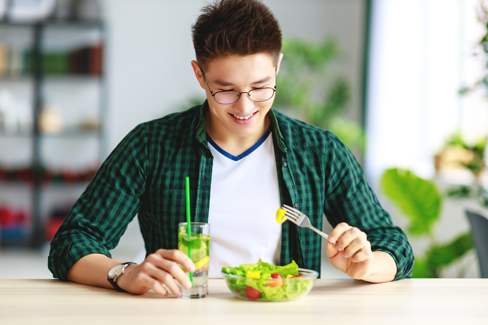 man with eating disorder getting nutrition from salad