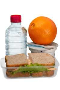 sandwhich drink and orange meal that smart person planned ahead of bbq