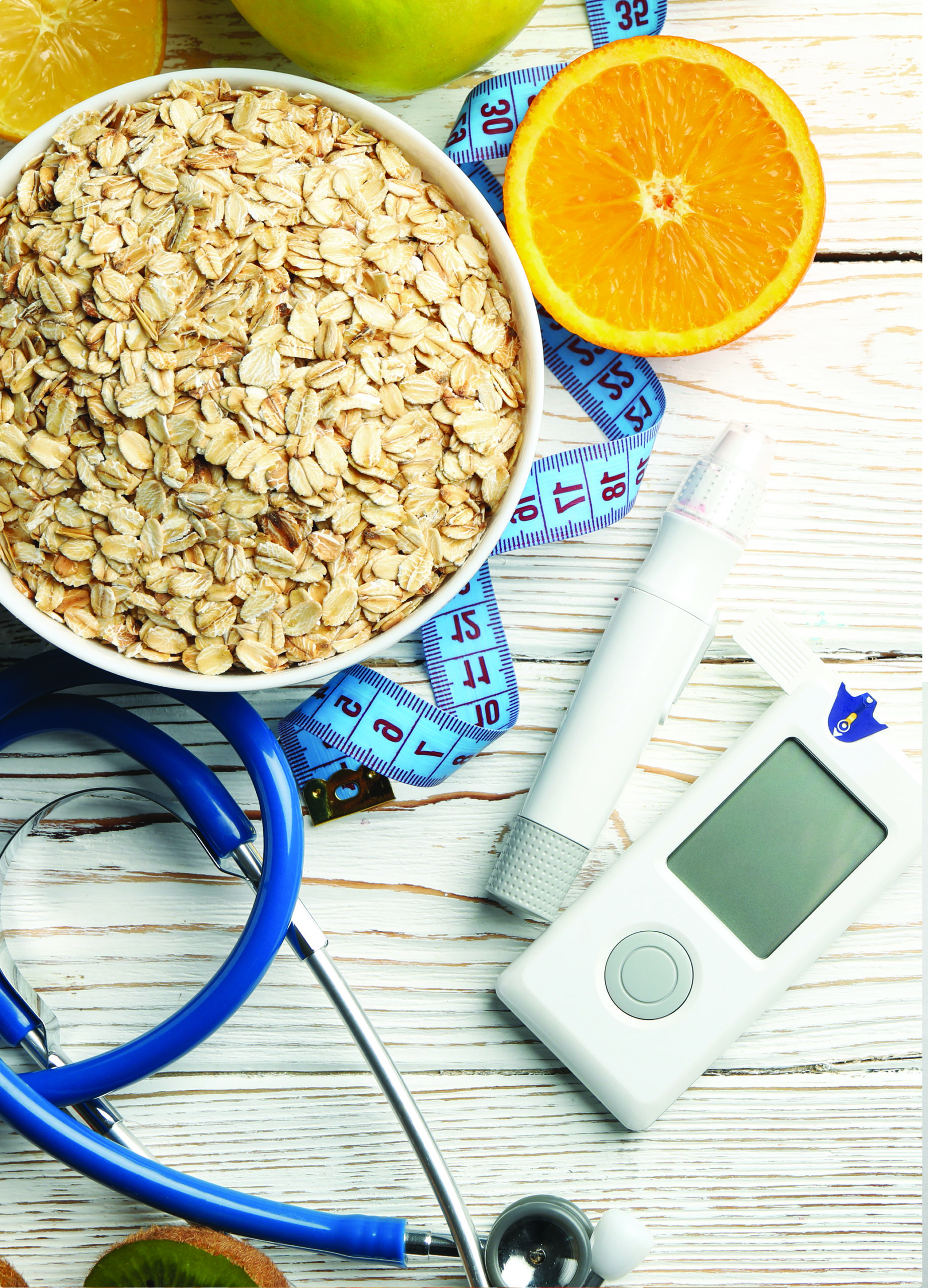 stethoscope tape measure diabetes testing devices and orange with oatmeal 