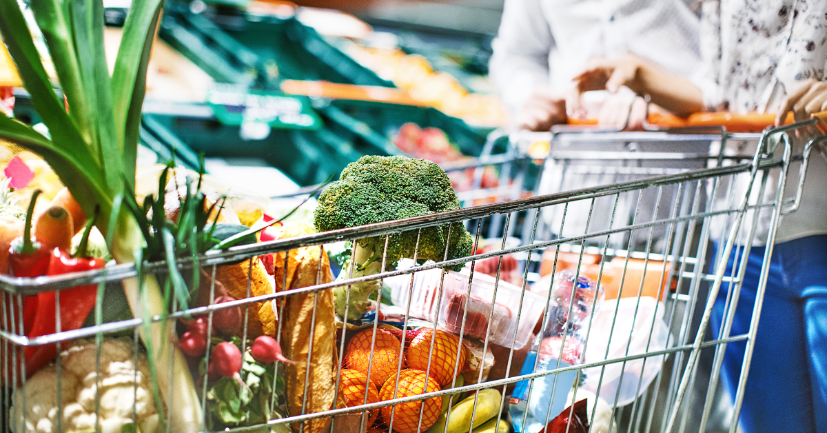 grocery cart full of healthy produce