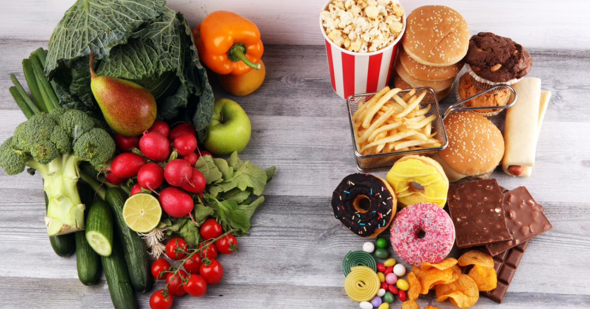 healthy snacks on the left side of the screen and unhealthy sacks on the right side of the screen