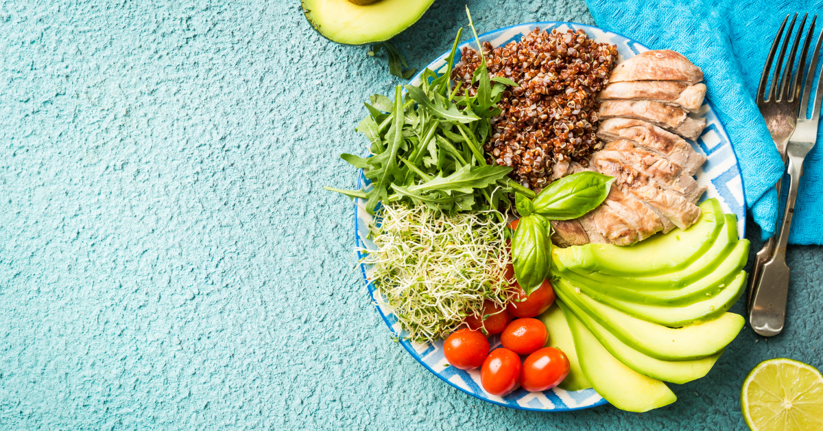 healthy whole food meal A healthy meal featuring whole foods like lean proteins, vegetables, and whole grains