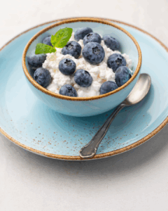 blueberry cottage cheese cottage cheese with a spoon, set in a clean, modern kitchen