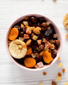 unsweetened dried fruits bowl filled with a mix of unsweetened dried fruits