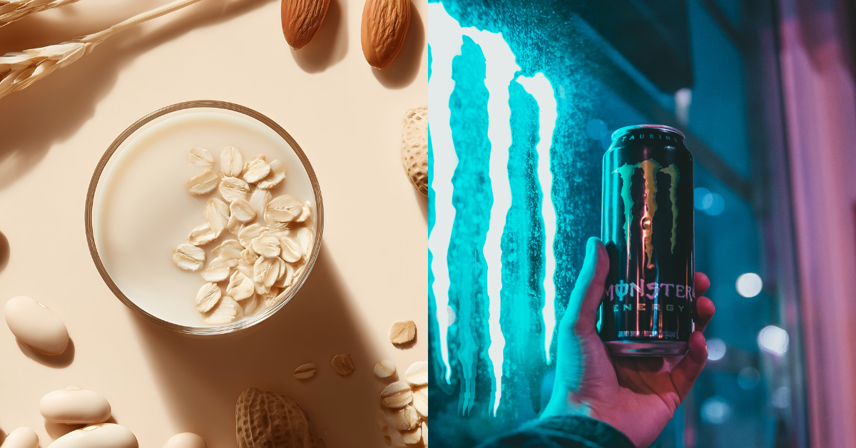 side-by-side comparison graphic showing natural plant-based energy drink ingredients versus traditional energy drink additives