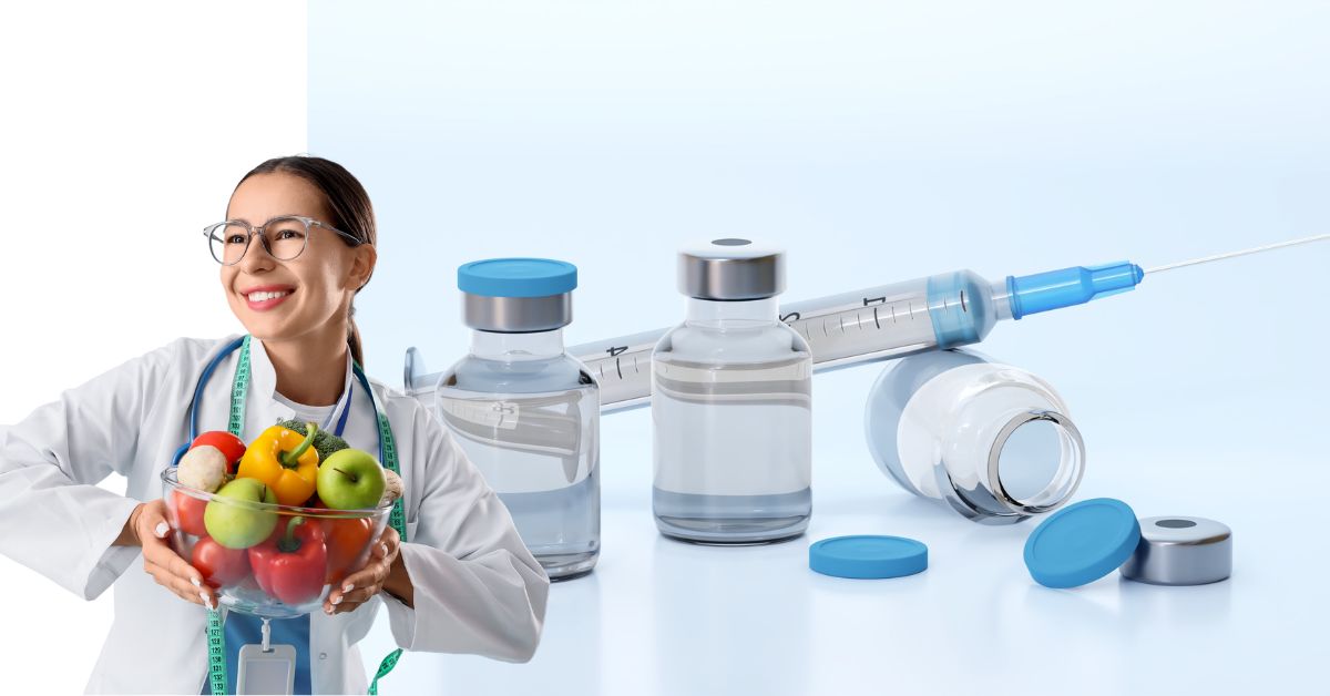 dietitian holding a bowl of fruit with weight loss medication next to her